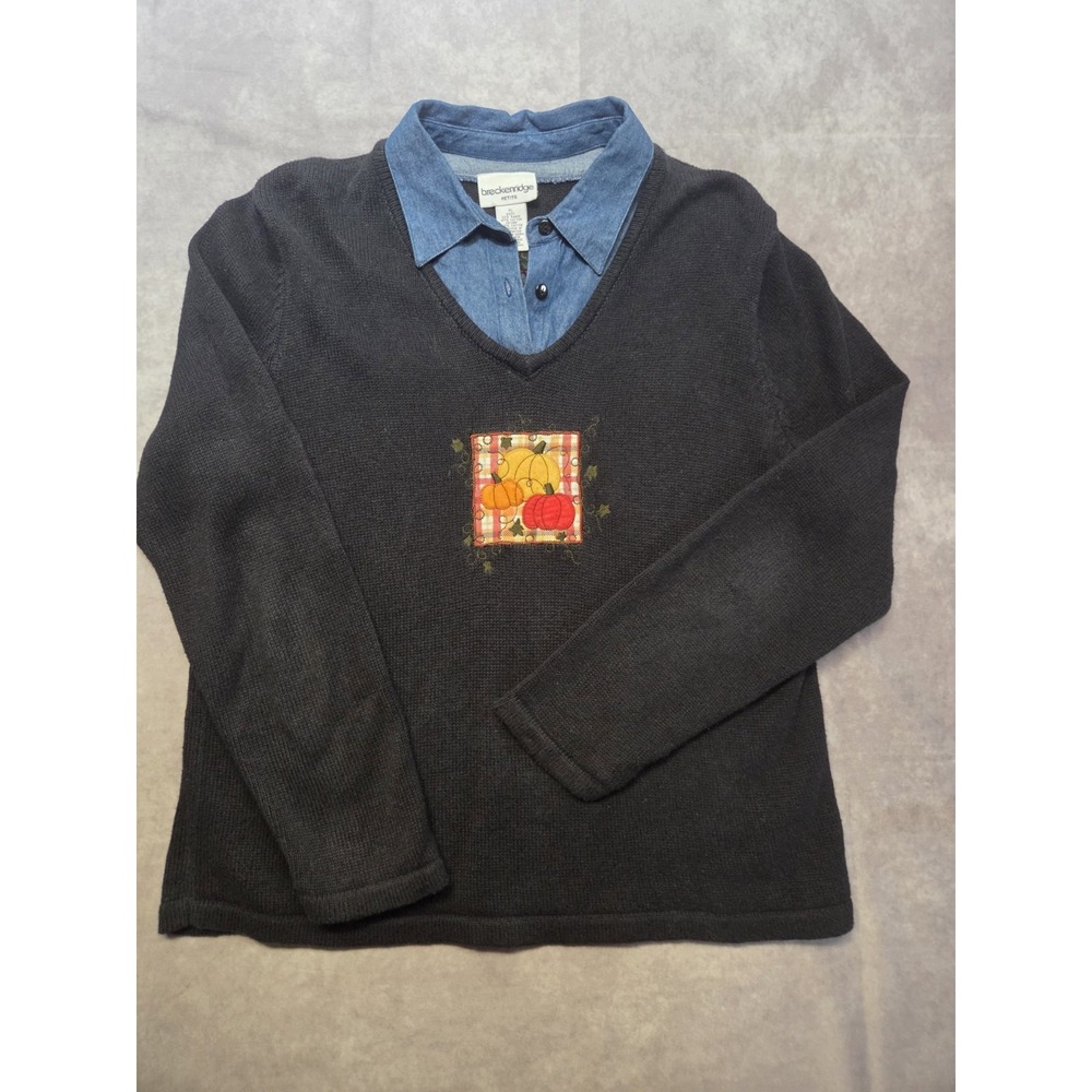 Grammacore Sweater Denim Collar Embroidered Applique Pumpkin Petite Large 90s